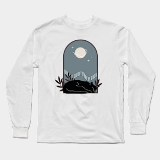 Sleepy cozy black cat with plants and night sky in vintage boho minimalist style Long Sleeve T-Shirt